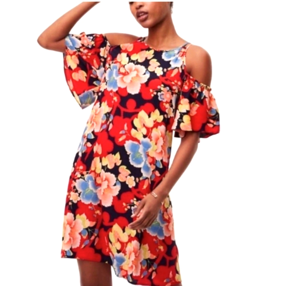 Ann Taylor Loft Tropic Red Floral Dress Off Shoulder Style sz. S